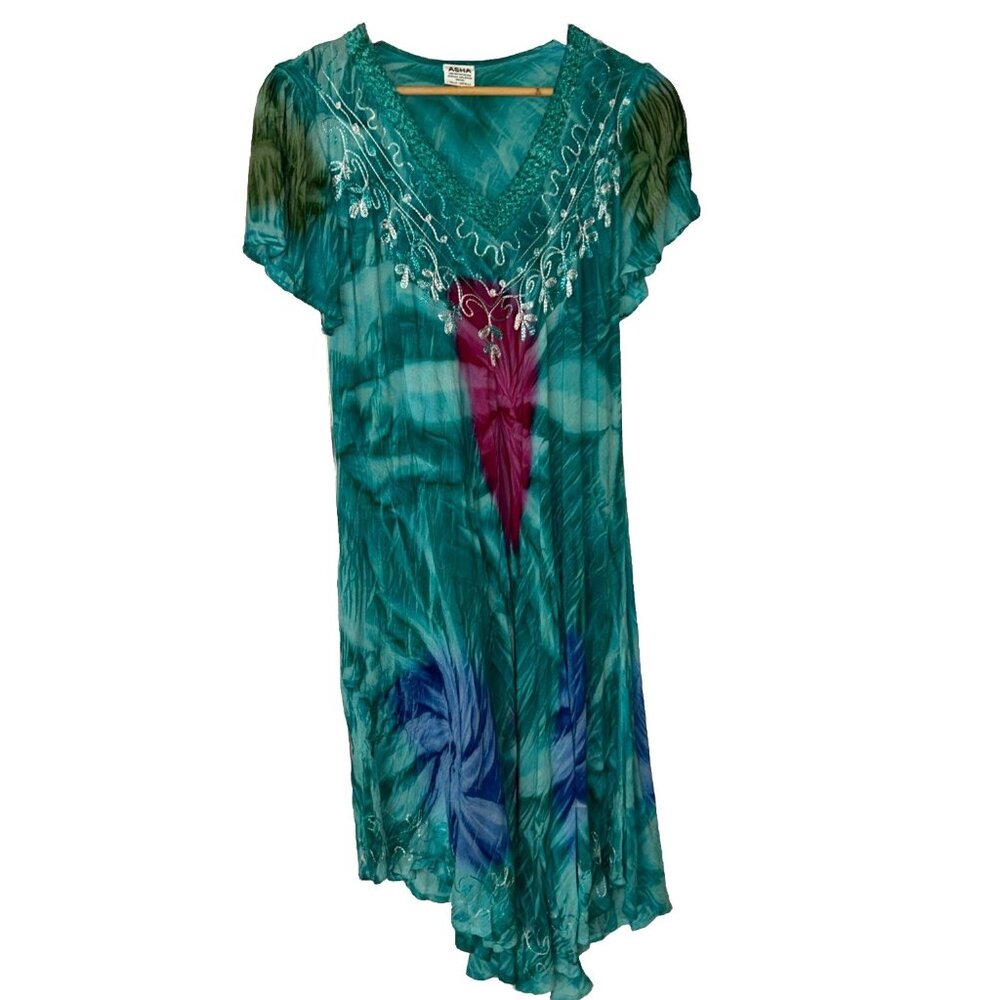ASHA Women V-Neck Bohemian Swim Coverup OS Green Peasant Renaissance Festival